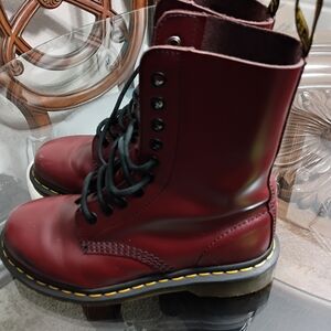 Dr. Martens Burgundy Boots with Black and Yellow Accents